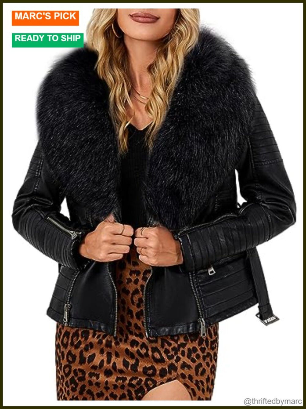 Faux Leather Moto Jacket Sherpa Lined with Removable Faux Fur Collar